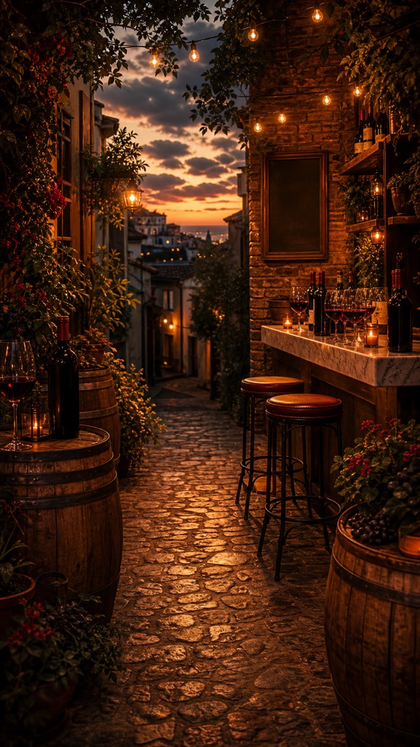 A warmly lit wine bar with red wine ready to discover